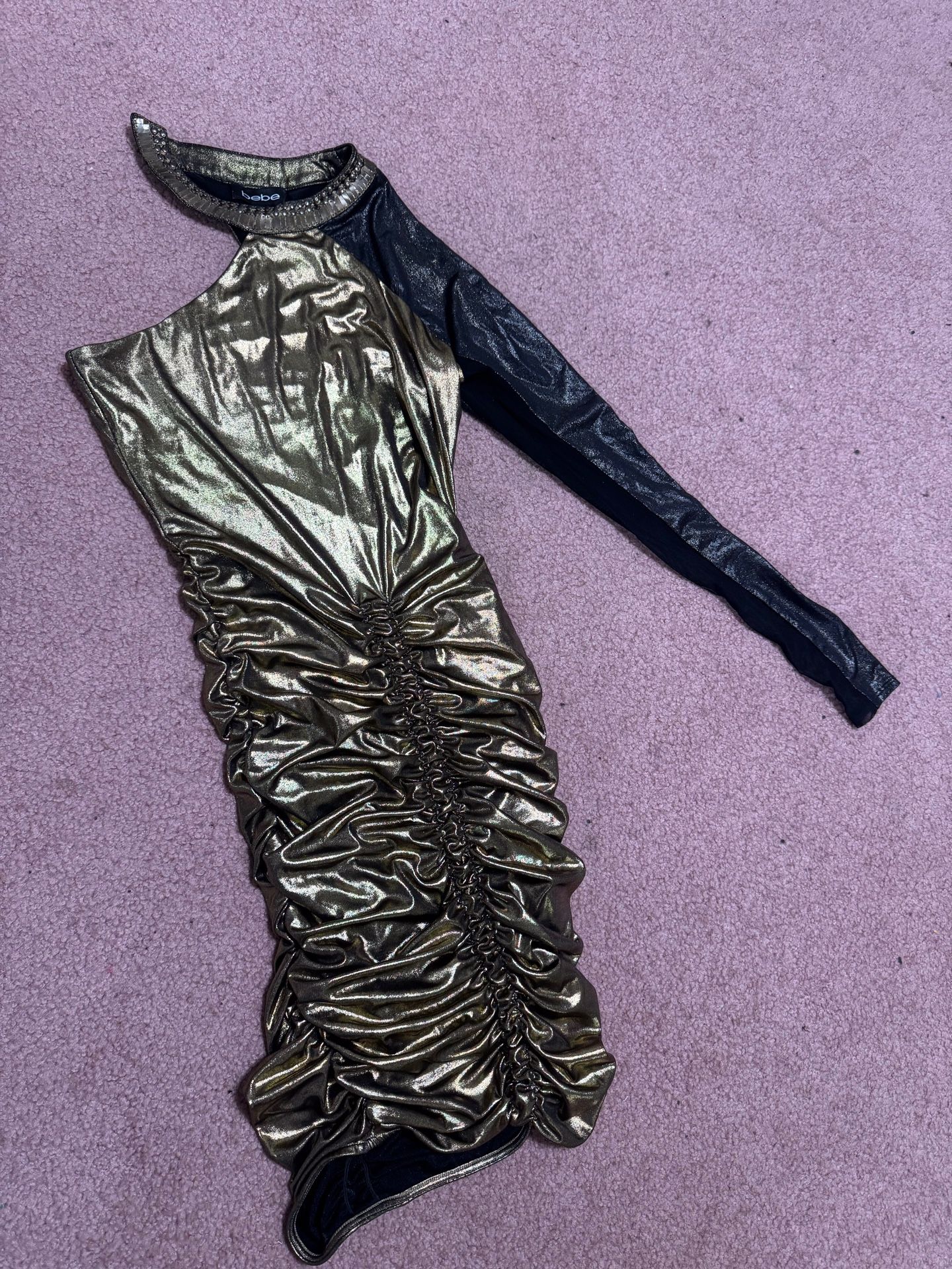 Xs Bebe gold metallic stretchy ruched cocktail Evening party dress mini black