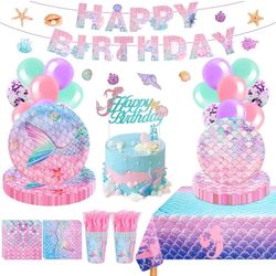 Brand New Mermaid Birthday Decorations, Little Mermaid Party Decorations with Cake Topper, Plates, Napkins, Cups, Tablecloth, Banner and Balloons, Mer