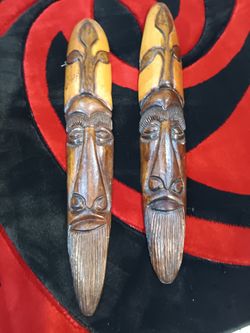 Pair of Large 1977 Hand Carved Wooden Tribal Masks Wall Art – Signed Folk Decor, 29” Tall