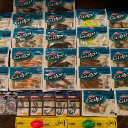 Gulp Jerk Shad, Shrimp, Peeler Crab, Mullet Lot W/ Owner TLs & Leader Rigs, Etc