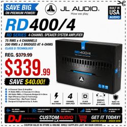 JL Audio RD400/4 Power Amplifier 4-Channel Speaker System Amp 800 Watts 🚨 Payment Options Available 🚨 No Credit Needed 🚨