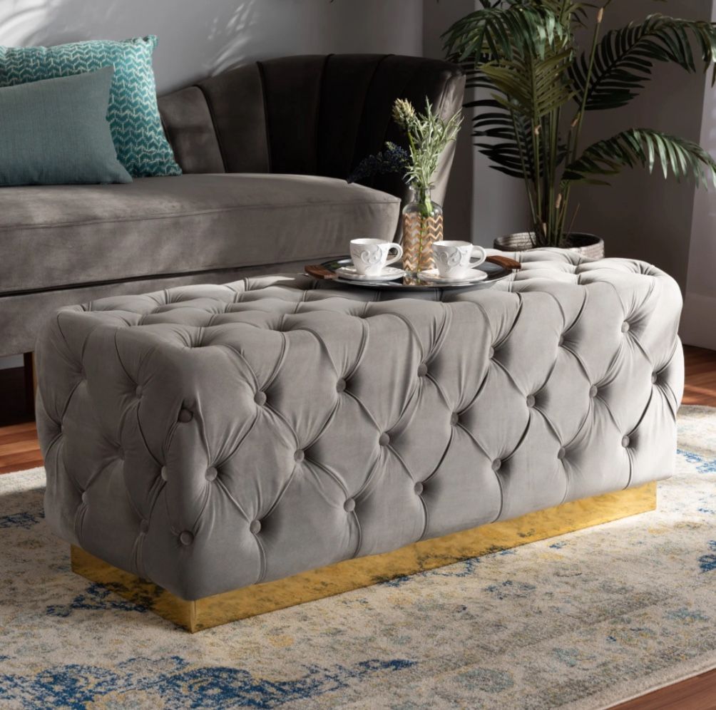 New Gray Velvet Button Tufted Ottoman Coffee Table Extra Seating 