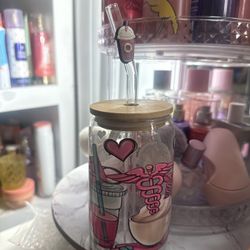 Hand Made With Love 💕 16oz Glass Cup With Glass Straw & Bamboo Lid / Reusable / Check My Page For More Styles ❤️