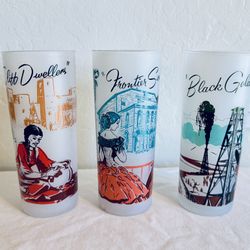 Vintage Western Cowboy Federal Glass Highball Tumblers Frosted Gold Rush Set 6