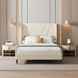 Queen Bed Frame with 51.2" Tall Curved Wingback Headboard, Linen Upholstered Platform Bed, Soft Fabric/Noise-Free/Wooden Slats Support/No B