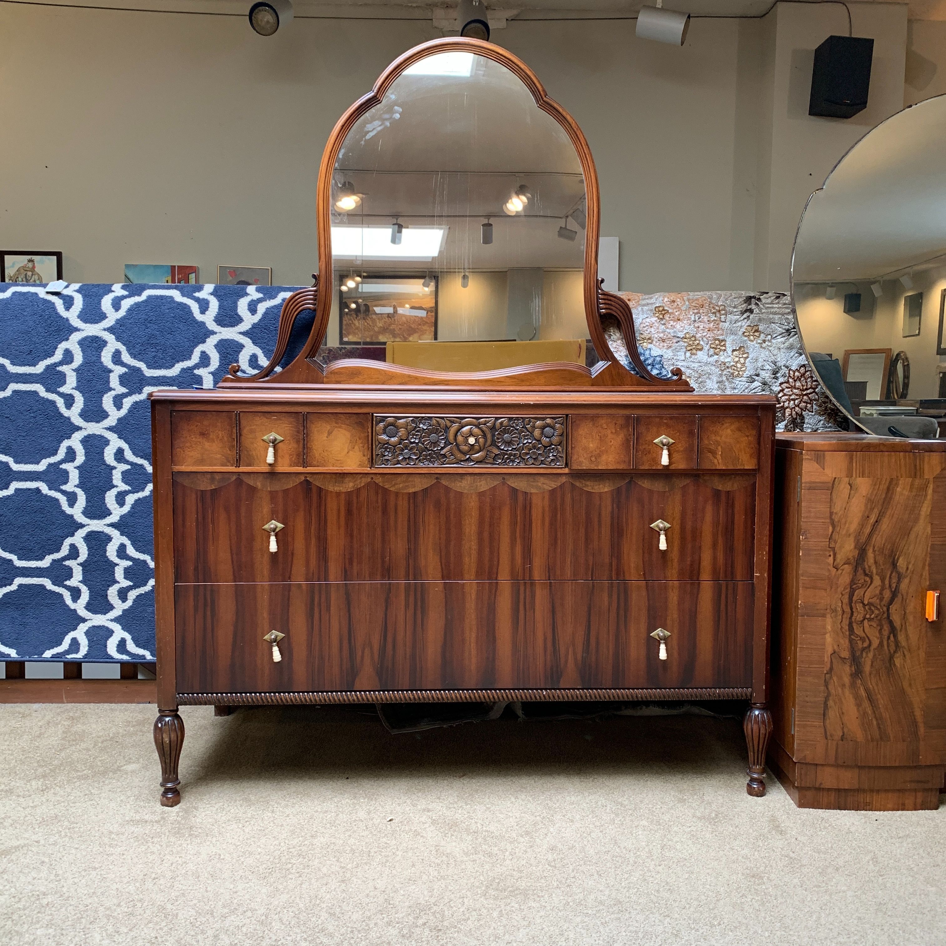 Walnut Deco Floral Carved Chest w/ Mirror