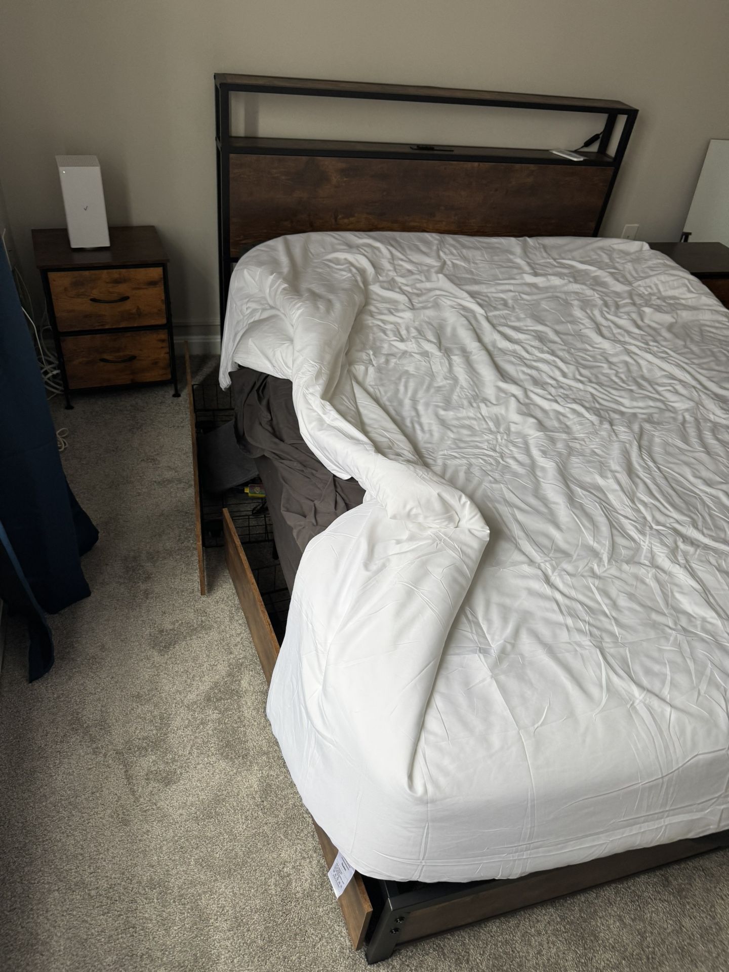 Queen Bed Frame, Queen Mattress NEVER USED plus end Tables