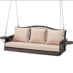 ✨️ Zeus & Ruta 3-Person Outdoor Wicker Hanging Porch Swing with Khaki Cushions for Garden, Backyard w8010
