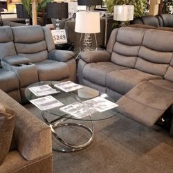 Brand New Gray Fabric Manual Recining Sofa + Loveseat With Cup Holders 2PCs Set