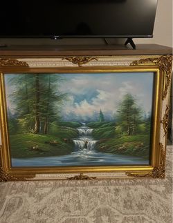 Framed Oil Painting Forest Waterfall Landscape