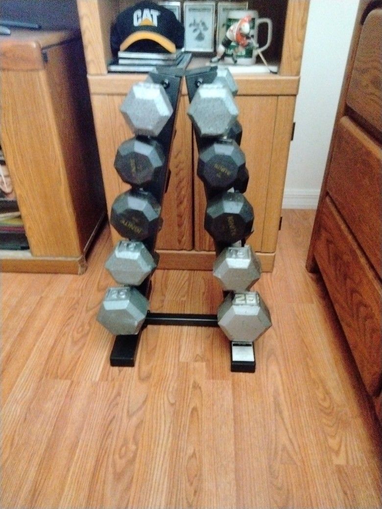 Five Sets Of Dumbbells And Rack  25 15 12 10 8