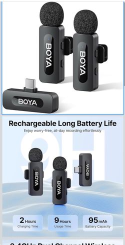 BOYA BY-V20 - Wireless microphones for iPhone 15/16 series, Android/laptop with USB-C port, 328ft range, 9-hour battery life, mini microphone with noi