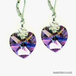 Swarovski Crystal Flower Love Heart Purple Sterling Silver Leverback Dangle Earrings