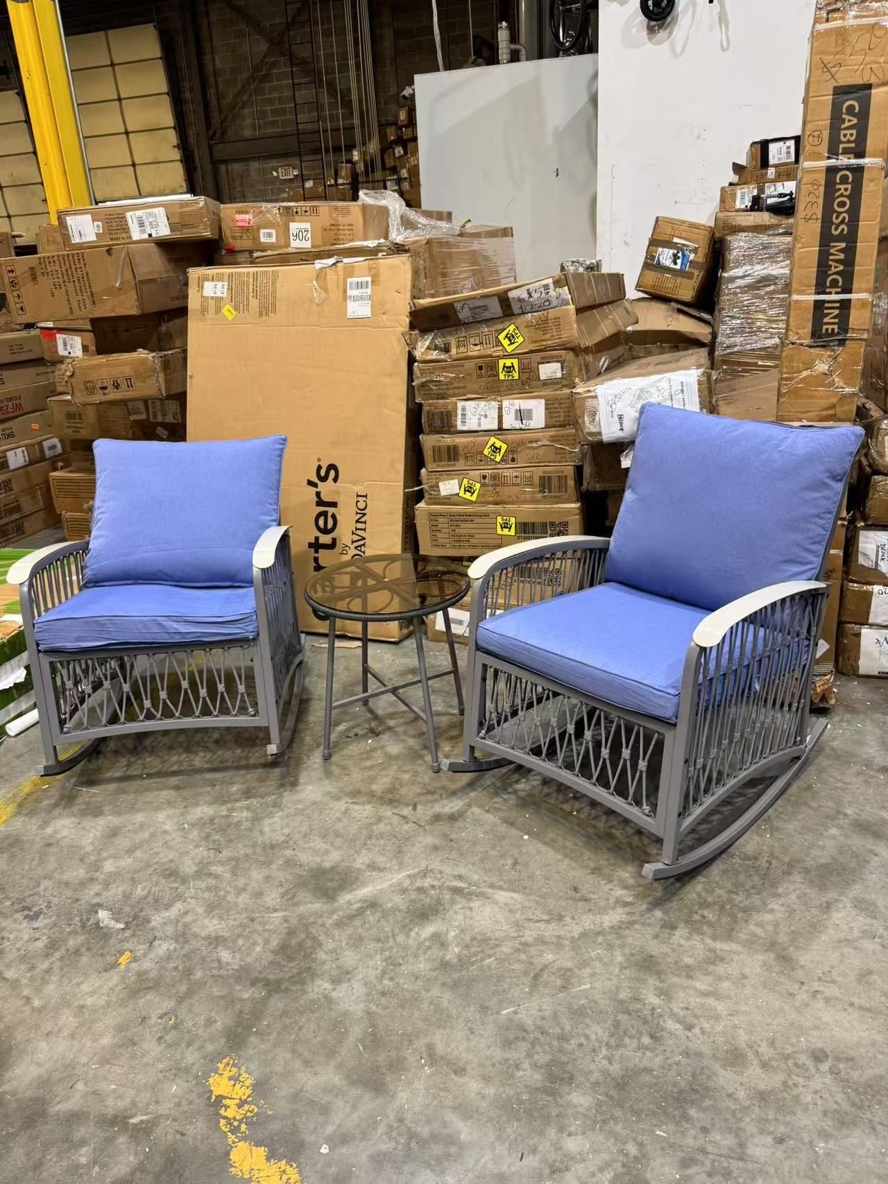 3 PCS Outdoor Rocking Chairs Patio Bistro Set with Glass Table Morden Braid Design Patio