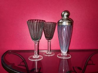 Pinstripe Cocktail Shaker & Wine Glass Set: 3 Pieces (Matching Vertical Stripe Pattern & Silver Tone Shaker Lid)