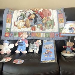 Vintage Blue Jean Teddy Bear Crib Quilt Blanket, Mobile, and Lamp