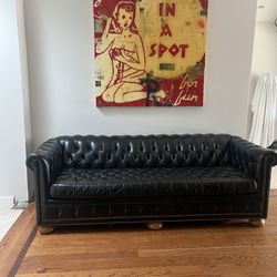 Authentic Vintage Black Leather Chesterfield Sofa | Deep Button Tufting, Rolled Arms, Brass Nailheads | Mid-Century Luxury Seating