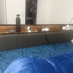 King Bed Frame with Upholstered Headboard, Charging Ports & Mattress