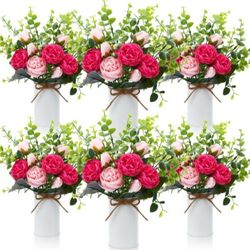 Solsew 6 Sets Artificial Peonies Flowers, 6 Artificial Peony with Vase 6 Faux Eucalyptus, Faux Silk Peony Bouquet Spring Flowers for Decoration Weddin