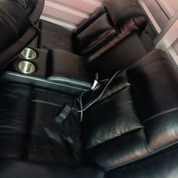 New LED 109 Wide Black Leather Power 2 Recliner Sectional With Bluetooth Speaker 