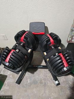 Bowflex adjustable dumbbells with stand and adjustable bench