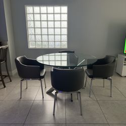 48” Round Glass Dining Table with 4 Arm Chairs – Excellent Condition