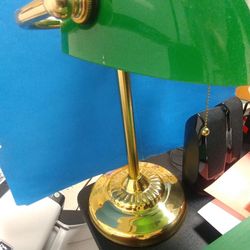 Vintage brass desk lamp with green shade