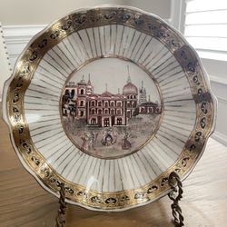 Elegant Vintage Decorative Plate with Hand-Painted European Architecture Scene