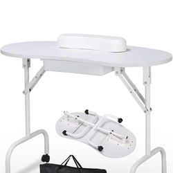 37-inch Portable & Foldable Manicure Table Nail Desk Workstation with Large Drawer/Client Wrist Pad/Controllable Wheels/Carrying Case for Spa Beauty S