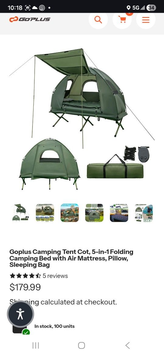Goplus Camping Tent Cot, 5-in-1 Folding Camping Bed with Air Mattress, Pillow, Sleeping Bag