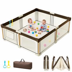 NEW in BOX Cbcvvaer Premium Foldable Baby Playpen 51x59 in Portable Travel Play Yard, Brown