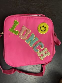 LUNCH Smiley Pink Kids Lunch Bag w/ Handle, Adjustable Strap, 9x9x4.3"
