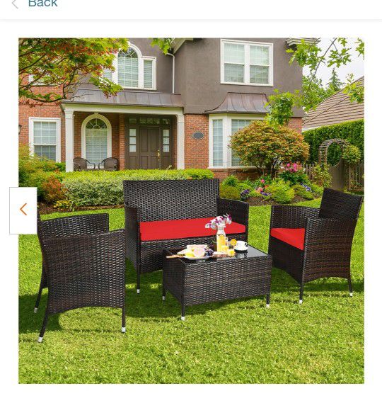 4-Pieces Rattan Patio Furniture Set with Red Cushions


