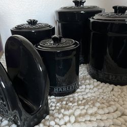 Harley Davidson Black Ceramic set of Fat Boy Canisters and Napkin holder