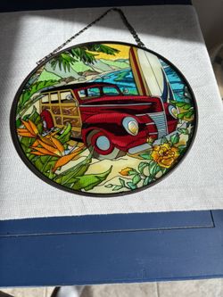 Stained Glass look Woody Station Wagon in Hawaii 10" Oval Sun Catcher Joan Baker