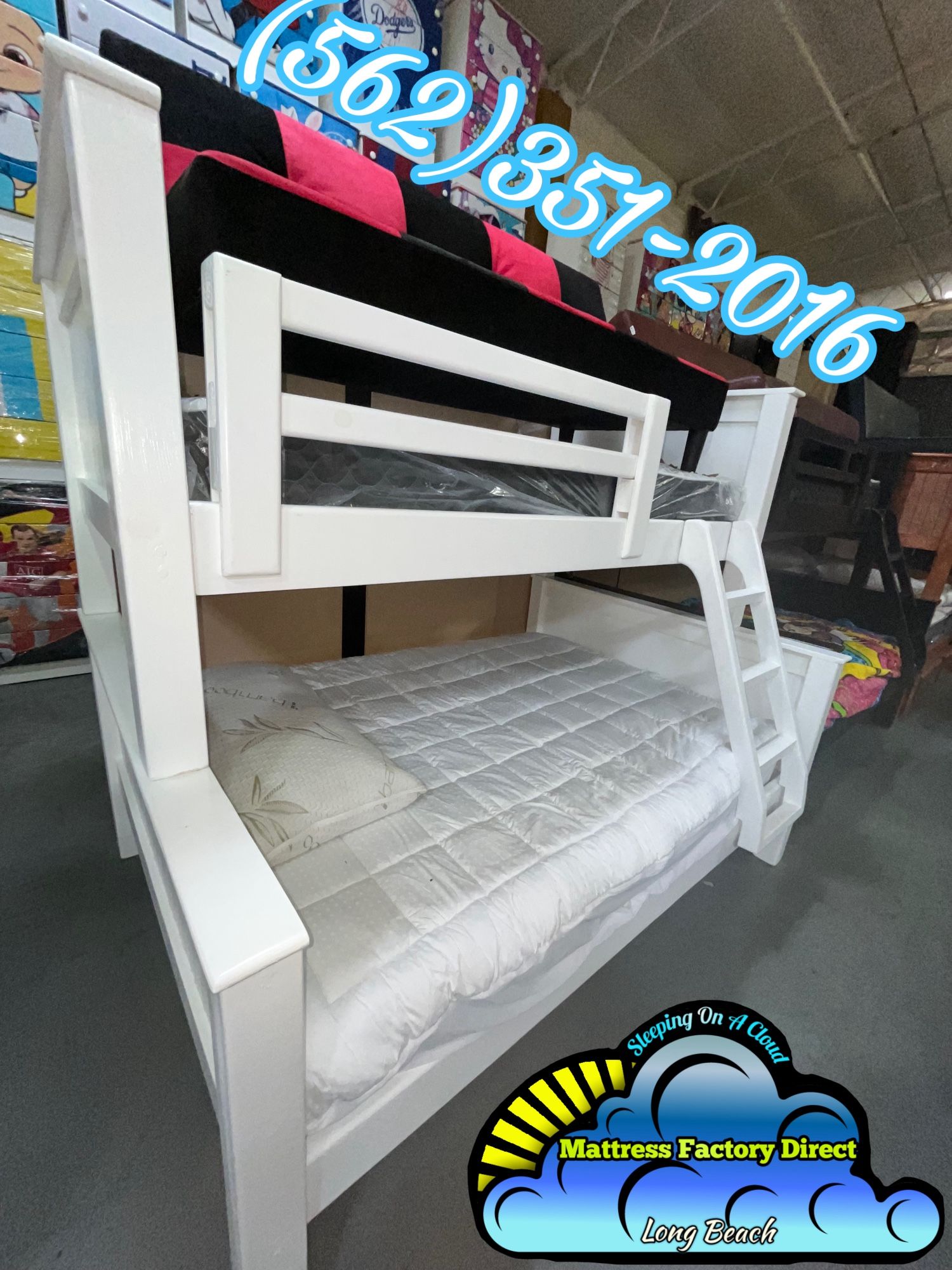 Twin / Full Complete Double Bed Set White With Both Mattresses