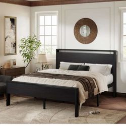 Queen Size Platform Bed Frame Black Oak L-43