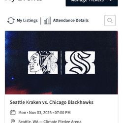 2 tickets Seattle Kraken vs. Chicago Blackhawks, Mon. 11/3