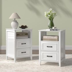 Night Stands Set of 2 with Drawers, White Embossed Modern Bedside Tables - 2 Fabric Drawers & Open Shelf, Small Nightstand for Bedroom, Apartment Esse