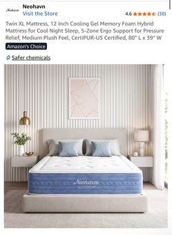 Brand new Neohavn 12” Twin XL Cooling Gel Memory Foam Hybrid Mattress.
