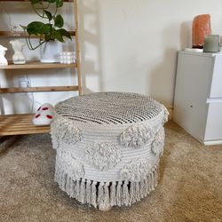Beige Round Fringe Boho Ottoman Stool