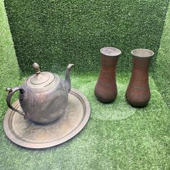 Engraved Metal Teapot & Tray with 2 Made in India Red Floral Vases Decor Lot
