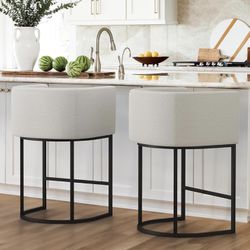 LUE BONA 27" H Counter Height Bar Stools Set of 2, Modern Barrel Counter Stools with Backrest and Arms, Black Metal Frames, Linen Fabric Upholstered A