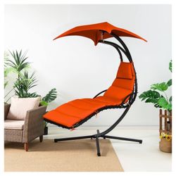 GRAFFY Hammock Chair, Outdoor Hanging Chaise Lounge Chair w/Cushion & Built-in Pillow, Free Standing Curved Swing Chair w/Canopy, Ideal for Poolside, 