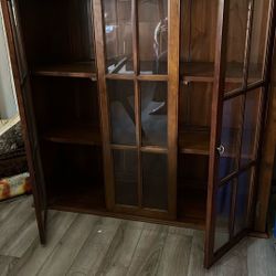 Wood Cabinet, Top Of A Hutch, Three Shelves. Glass Doors 
