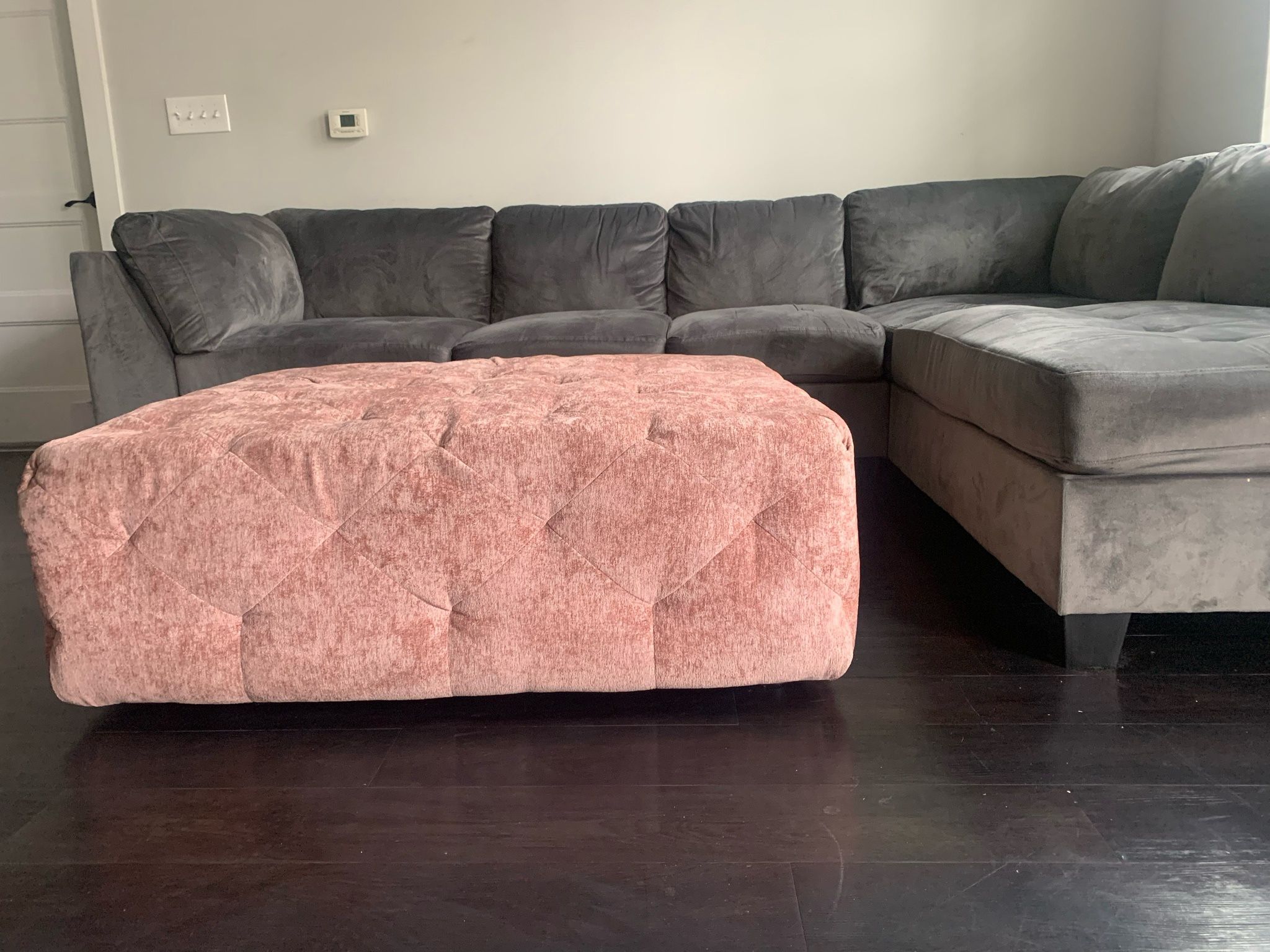 Grey Couch & Pink Ottoman