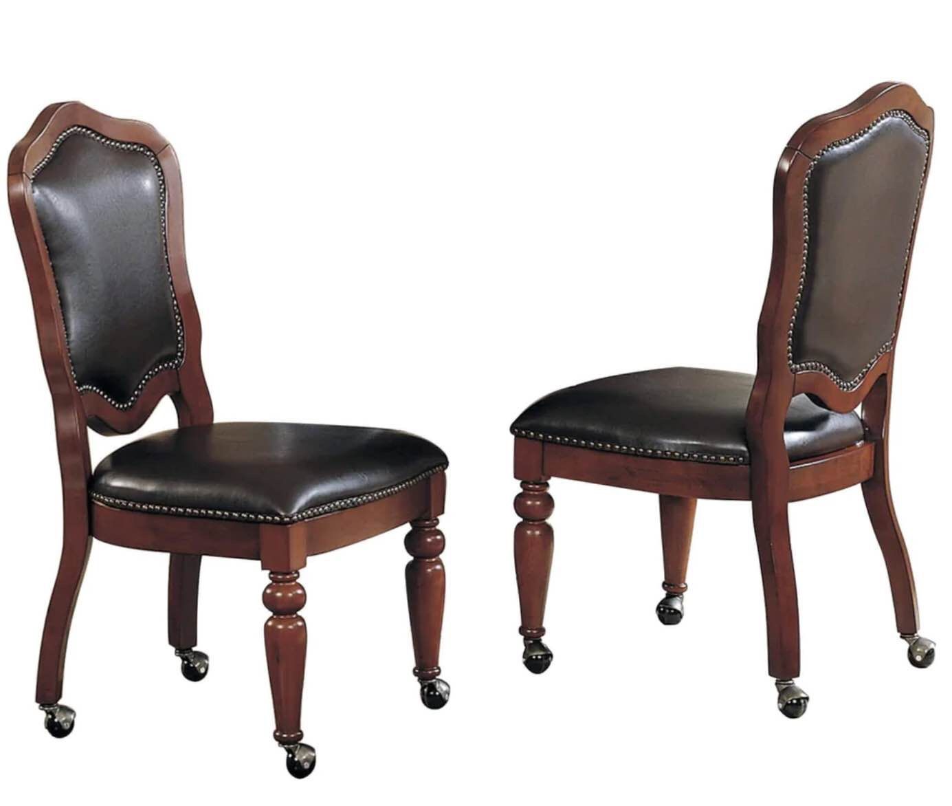 Bellagio Gaming Brown cherry wood nailheads caster chairs; set of 2