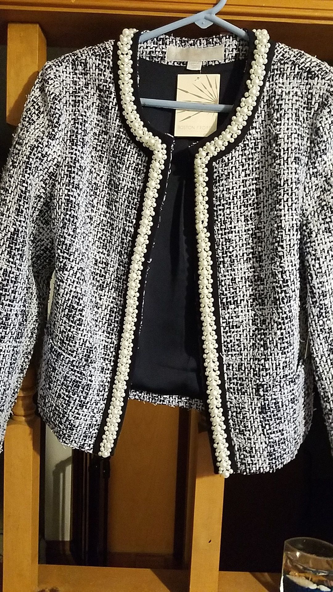 Blue and white jacket with white beads