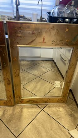 La Barge Mid Century Hand Painted Pair Of Oriental Mirrors