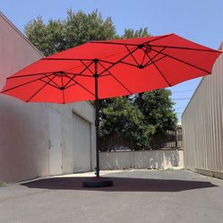 (New in box) $115 Large 15FT Double Sided Outdoor Umbrella w/ 65 LBS Plastic Weight Base (Red/Gray) 